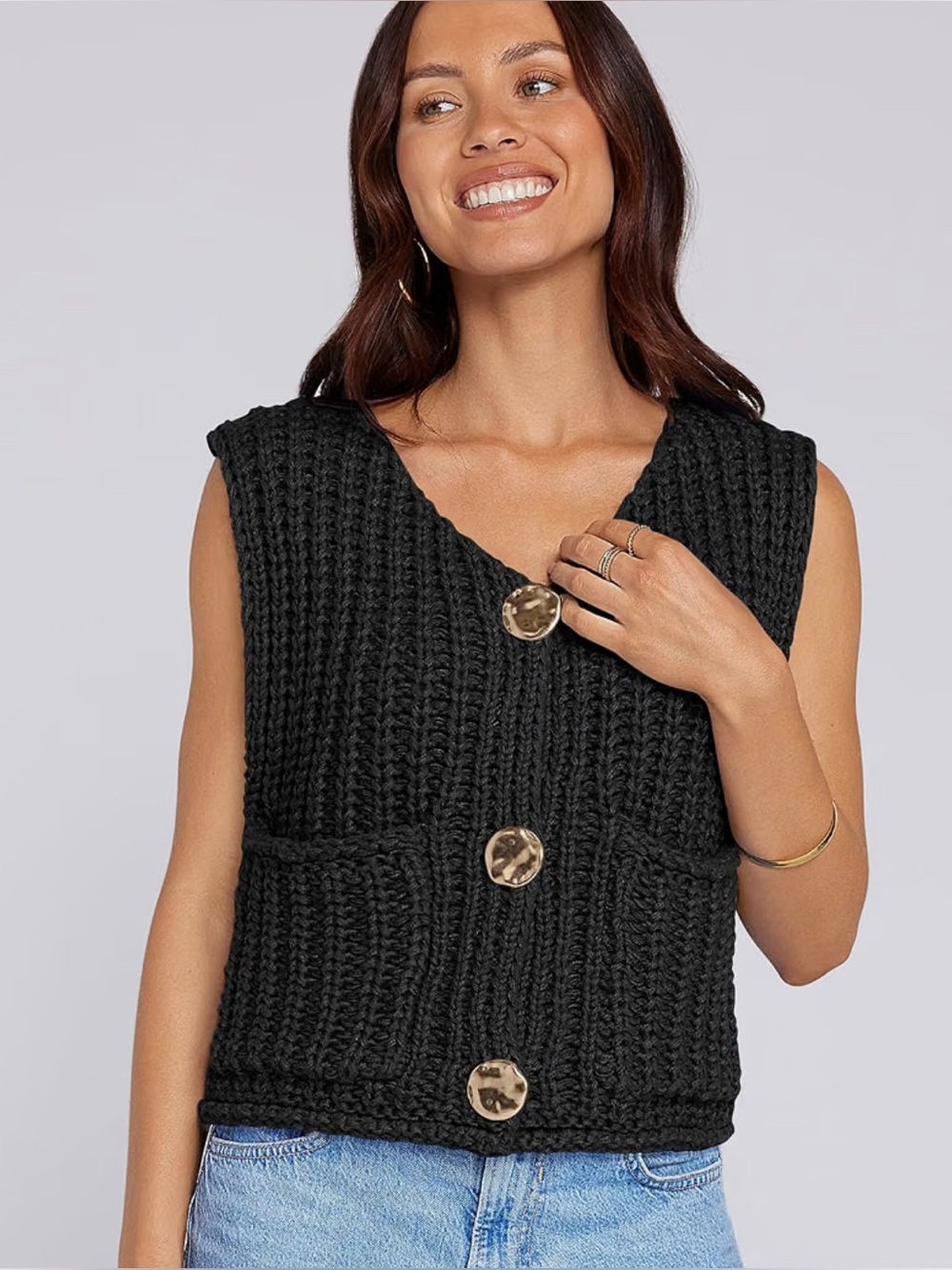 Womens Button Down Crochet Chunky Knit Vest / UEU / Black / Size: Large / Boho